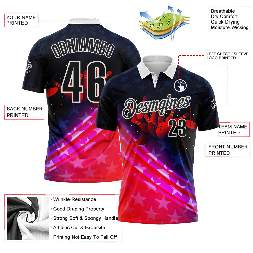Custom Navy Black Red-White Bowling Strike American Inspired Performance Polo Shirt