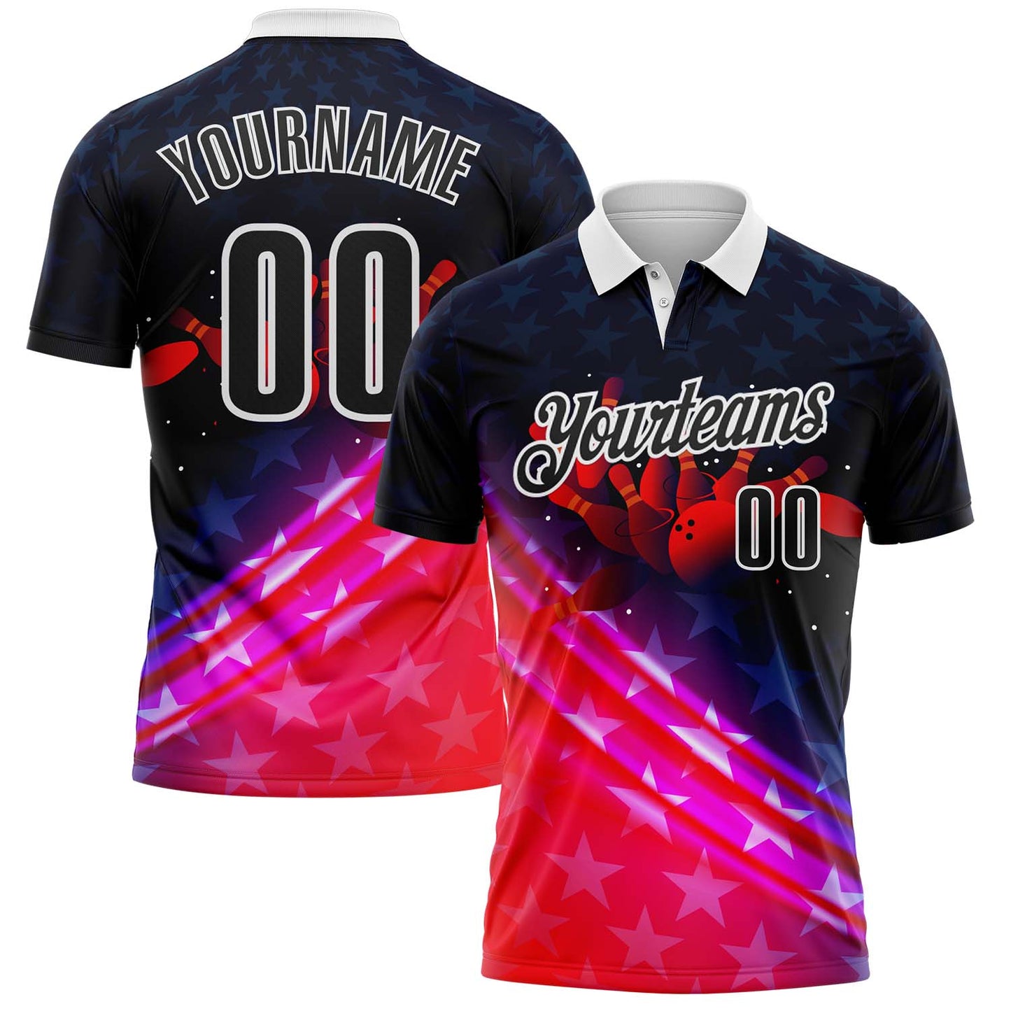 Custom Navy Black Red-White Bowling Strike American Inspired Performance Polo Shirt