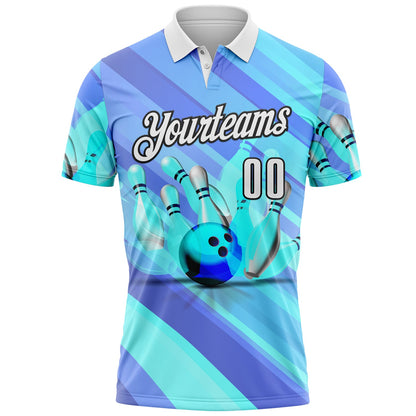 Custom Blue White Aqua-Black Bowling Strike Stripe Performance Polo Shirt