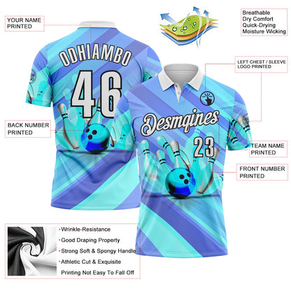 Custom Blue White Aqua-Black Bowling Strike Stripe Performance Polo Shirt