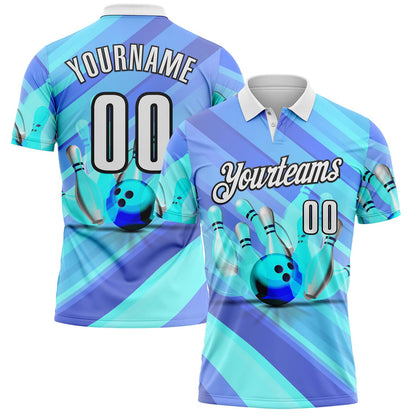 Custom Blue White Aqua-Black Bowling Strike Stripe Performance Polo Shirt