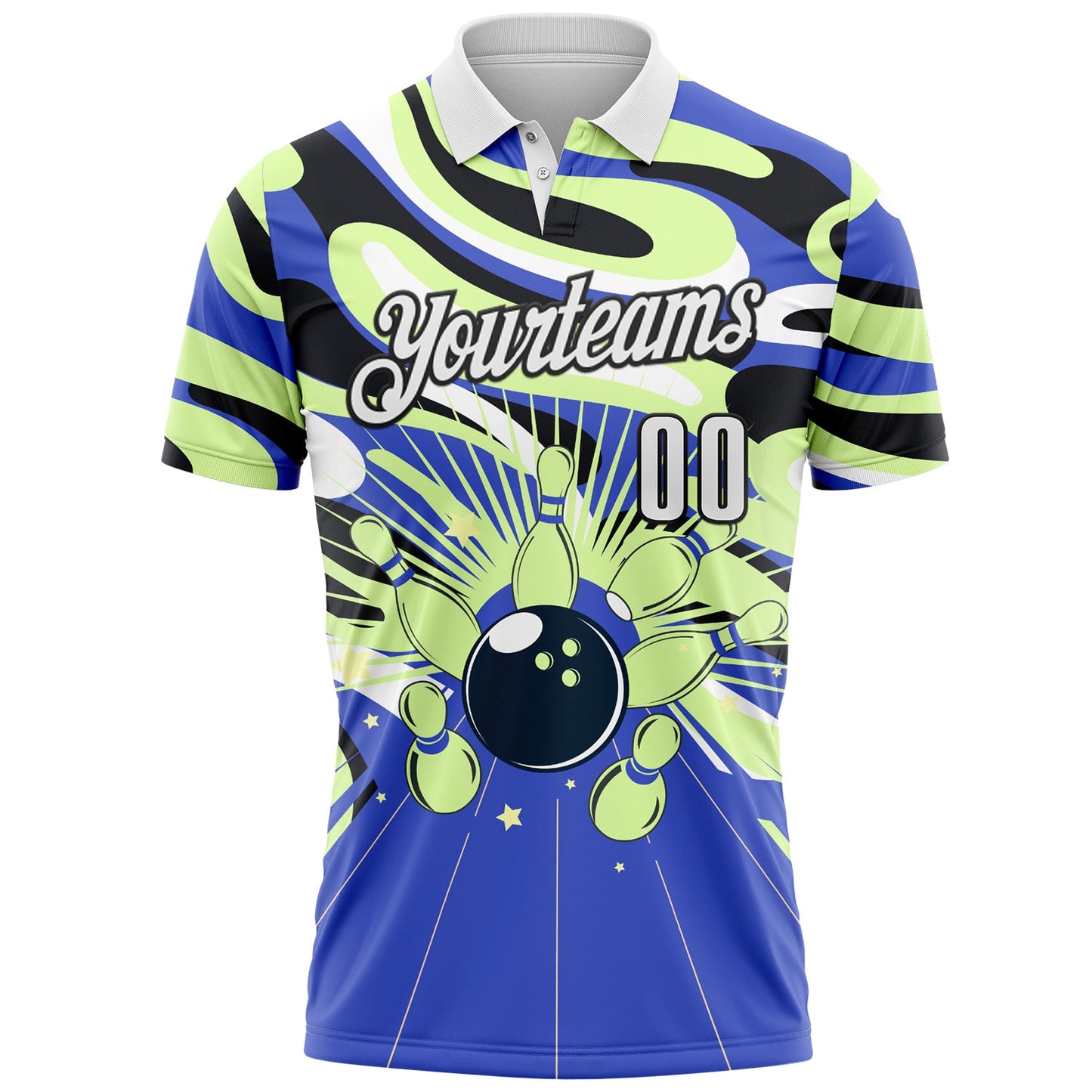 Custom Blue White Pea Green-Black Bowling Strike Fluid Liquid Performance Polo Shirt