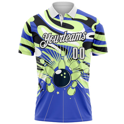 Custom Blue White Pea Green-Black Bowling Strike Fluid Liquid Performance Polo Shirt