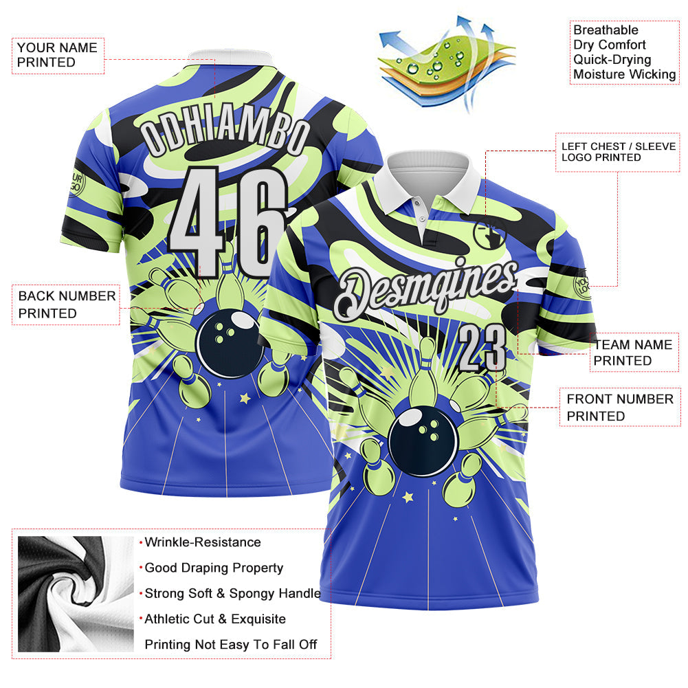 Custom Blue White Pea Green-Black Bowling Strike Fluid Liquid Performance Polo Shirt