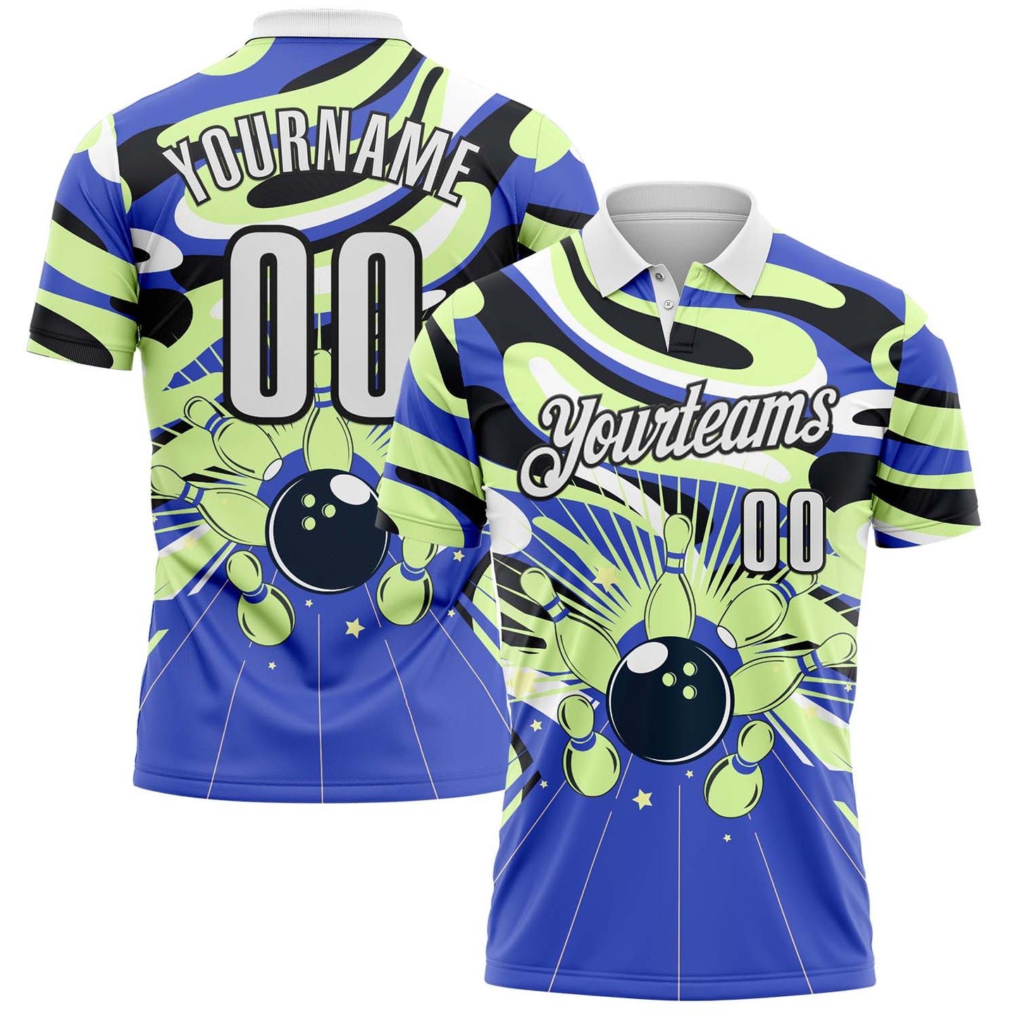 Custom Blue White Pea Green-Black Bowling Strike Fluid Liquid Performance Polo Shirt