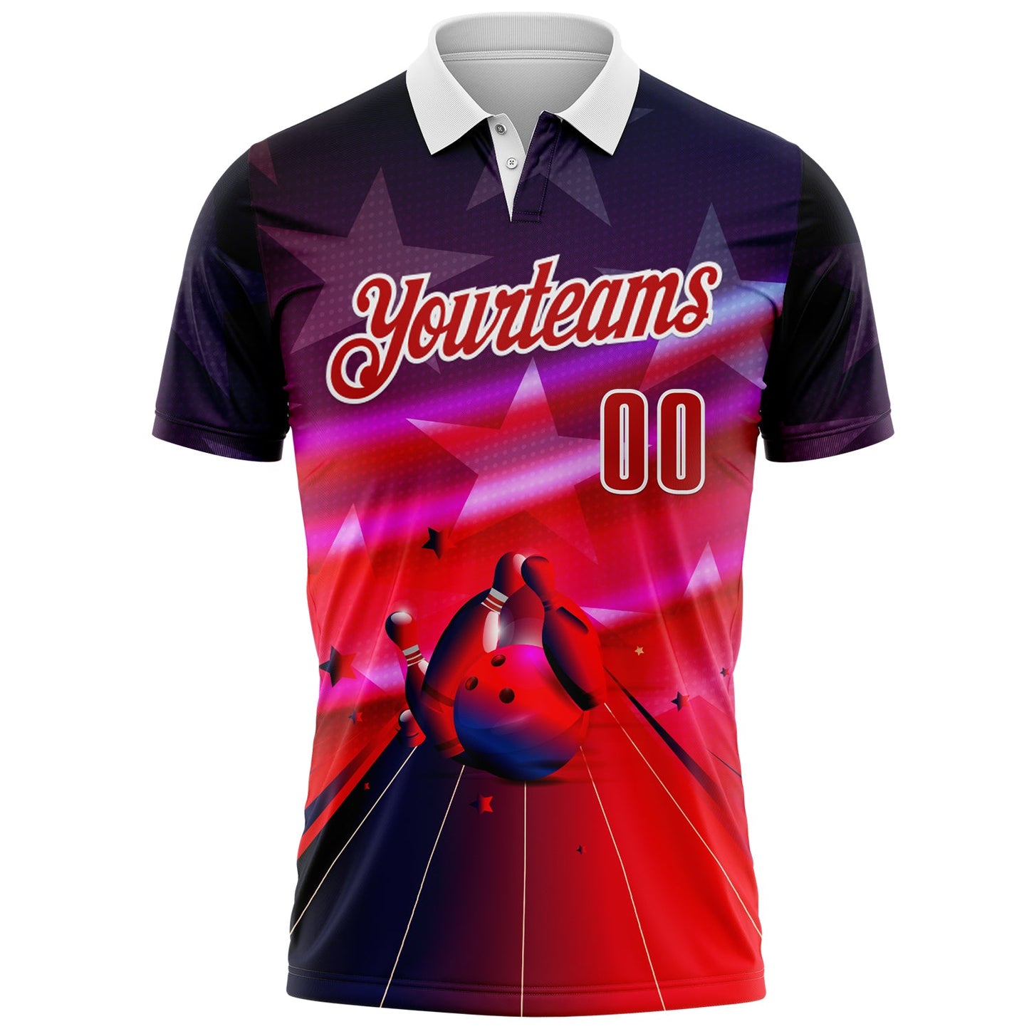 Custom Navy Red-White Bowling Strike American Inspired Performance Polo Shirt