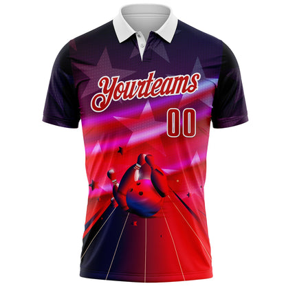 Custom Navy Red-White Bowling Strike American Inspired Performance Polo Shirt