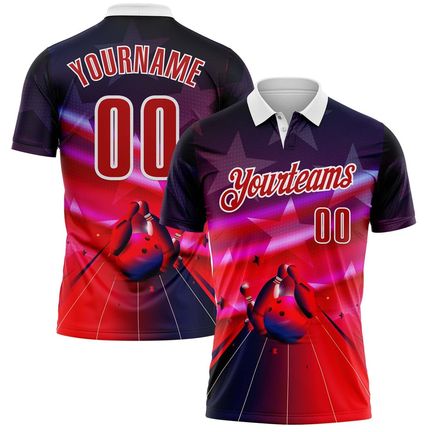 Custom Navy Red-White Bowling Strike American Inspired Performance Polo Shirt