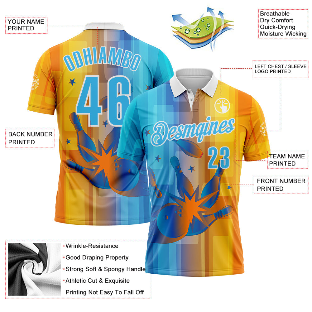 Custom Yellow Sky Blue Blue-White Bowling Strike Colorful Geometric Performance Polo Shirt