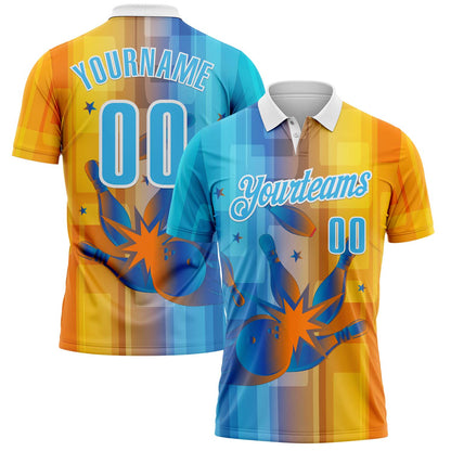 Custom Yellow Sky Blue Blue-White Bowling Strike Colorful Geometric Performance Polo Shirt