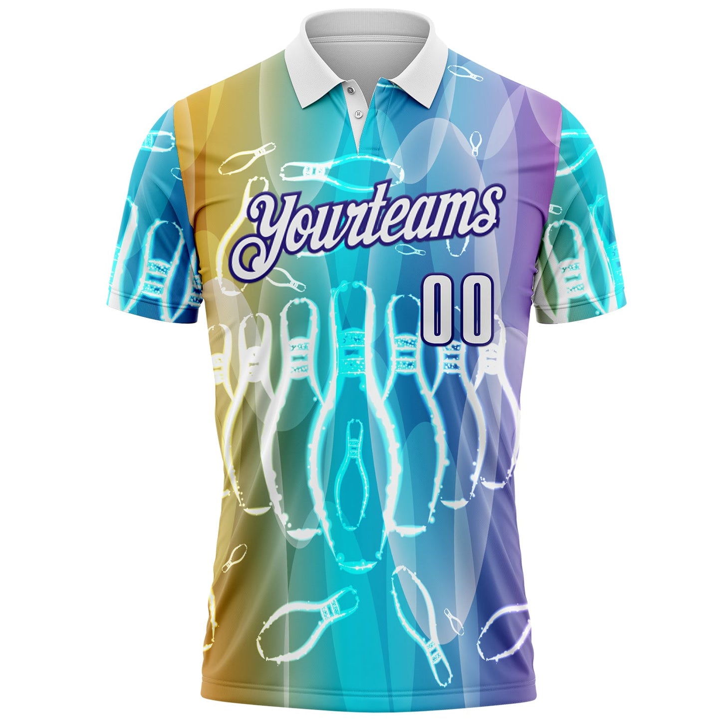 Custom Ice Blue White Yellow-Dark Purple Bowling Pins Gradient Performance Polo Shirt