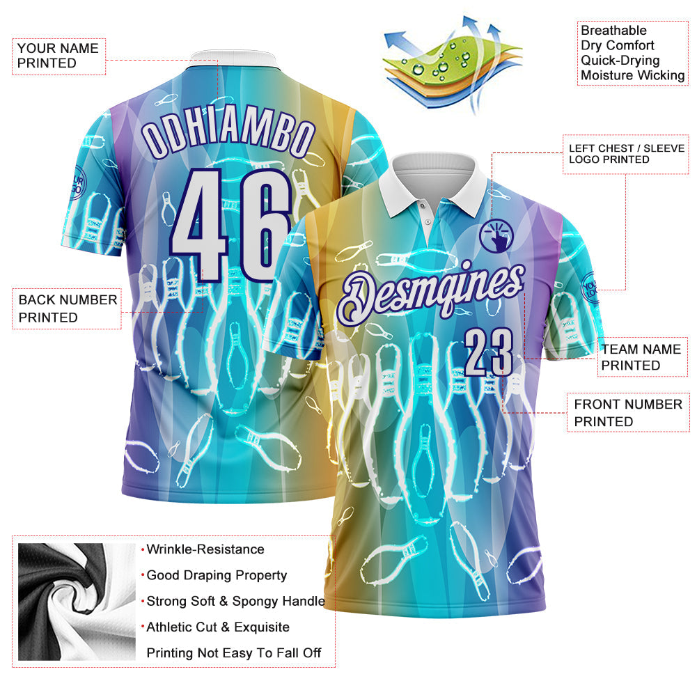 Custom Ice Blue White Yellow-Dark Purple Bowling Pins Gradient Performance Polo Shirt