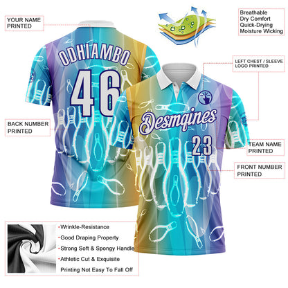 Custom Ice Blue White Yellow-Dark Purple Bowling Pins Gradient Performance Polo Shirt