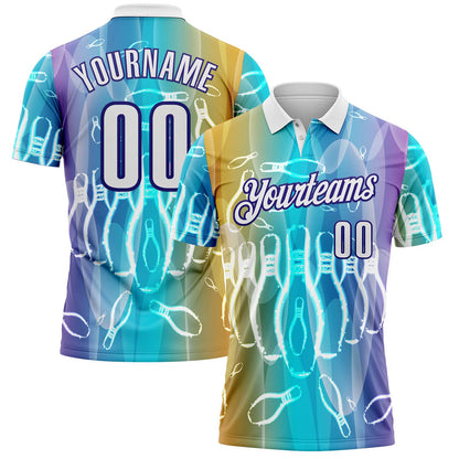 Custom Ice Blue White Yellow-Dark Purple Bowling Pins Gradient Performance Polo Shirt