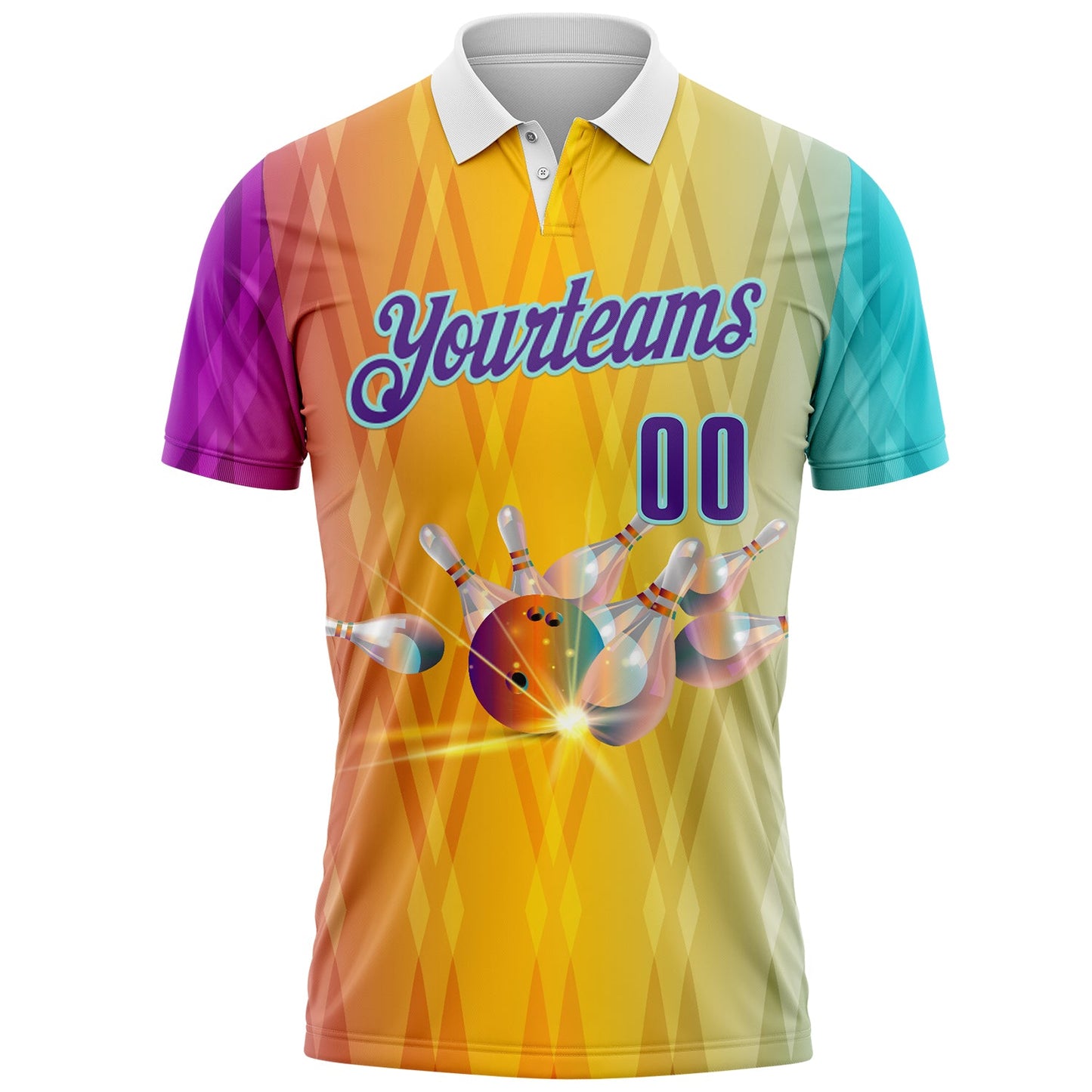 Custom Yellow Purple-Ice Blue Bowling Strike Gradient Geometric Performance Polo Shirt