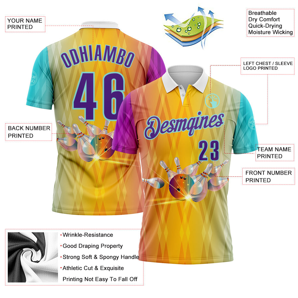 Custom Yellow Purple-Ice Blue Bowling Strike Gradient Geometric Performance Polo Shirt