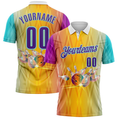 Custom Yellow Purple-Ice Blue Bowling Strike Gradient Geometric Performance Polo Shirt