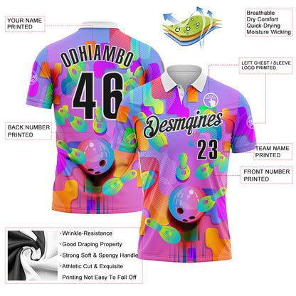 Custom Purple Black-White Bowling Strike Colorful Geometric Performance Polo Shirt