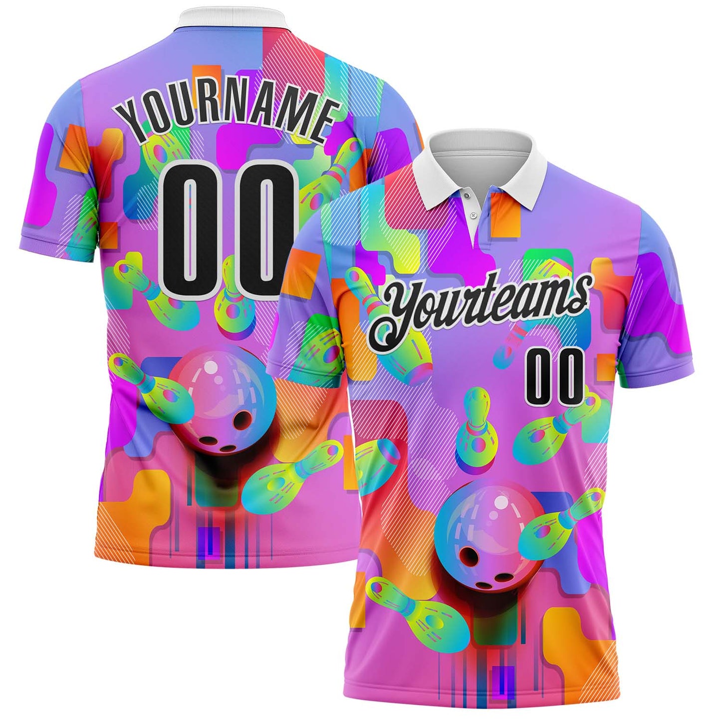 Custom Purple Black-White Bowling Strike Colorful Geometric Performance Polo Shirt