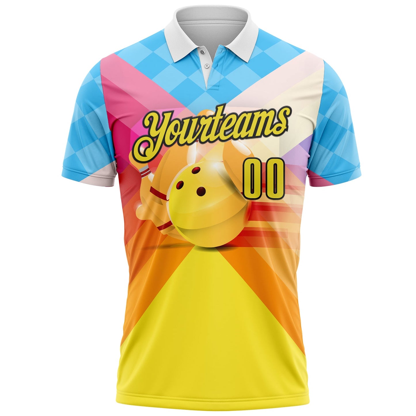 Custom Blue Yellow-Black Bowling Strike Colorful Geometric Performance Polo Shirt