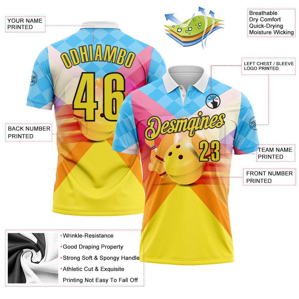 Custom Blue Yellow-Black Bowling Strike Colorful Geometric Performance Polo Shirt