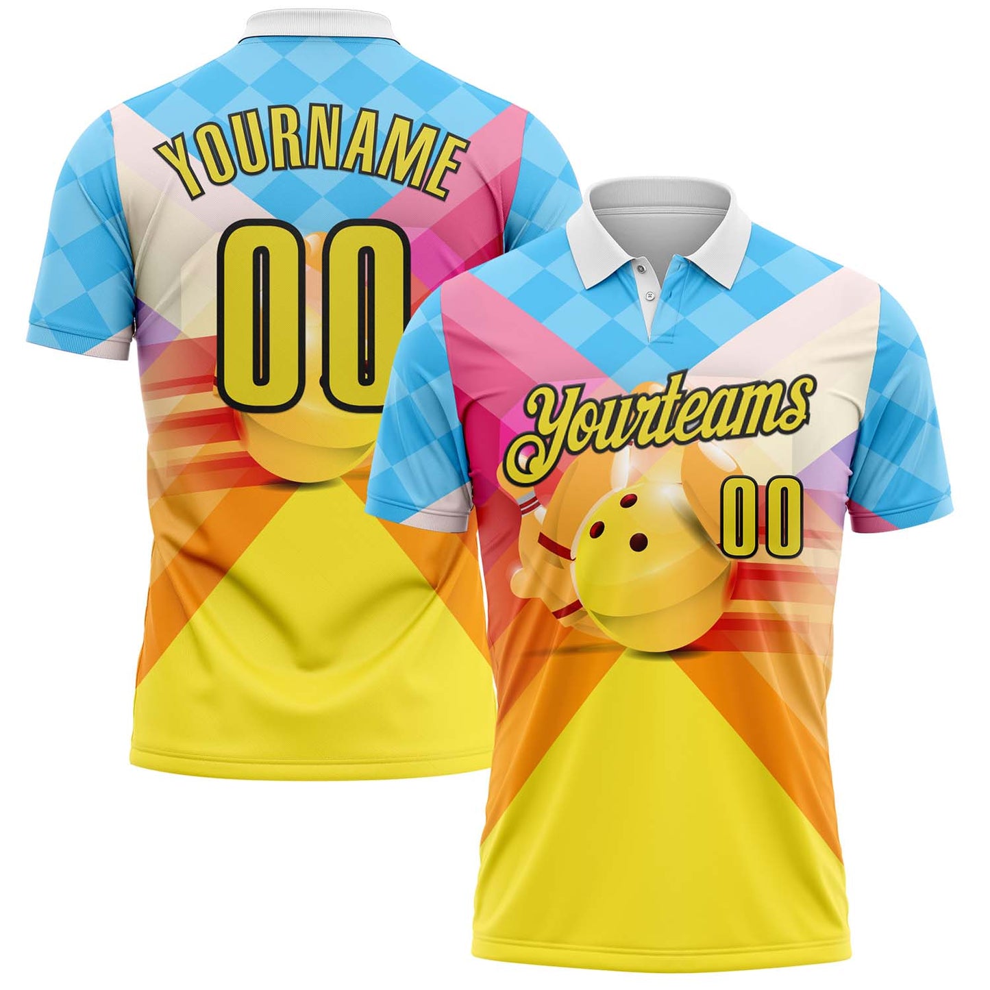 Custom Blue Yellow-Black Bowling Strike Colorful Geometric Performance Polo Shirt