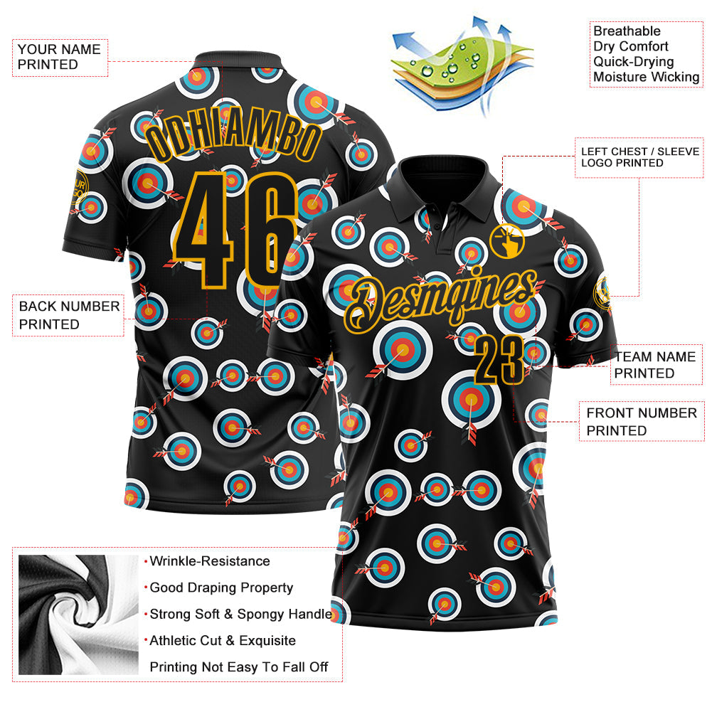 Custom Black-Gold Archery Target Bullseye Performance Polo Shirt