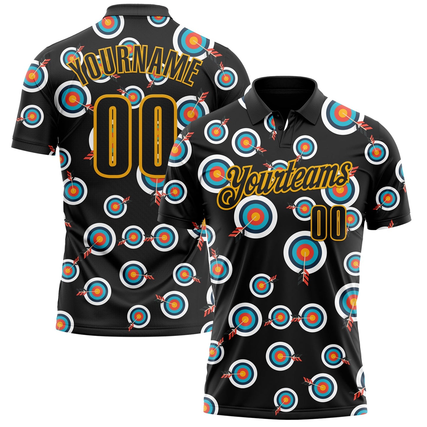 Custom Black-Gold Archery Target Bullseye Performance Polo Shirt