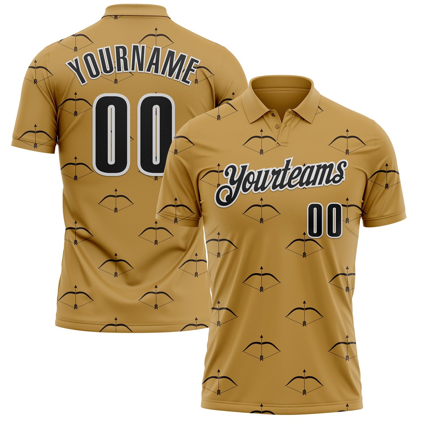 Custom Old Gold Black-White Bow And Arrow Archery Performance Polo Shirt