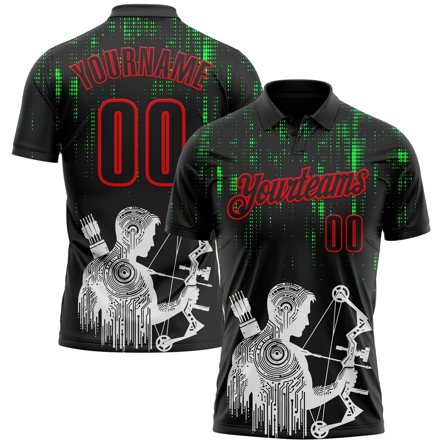 Custom Black-Fire Red Bow And Arrow Archery Shooter Performance Polo Shirt