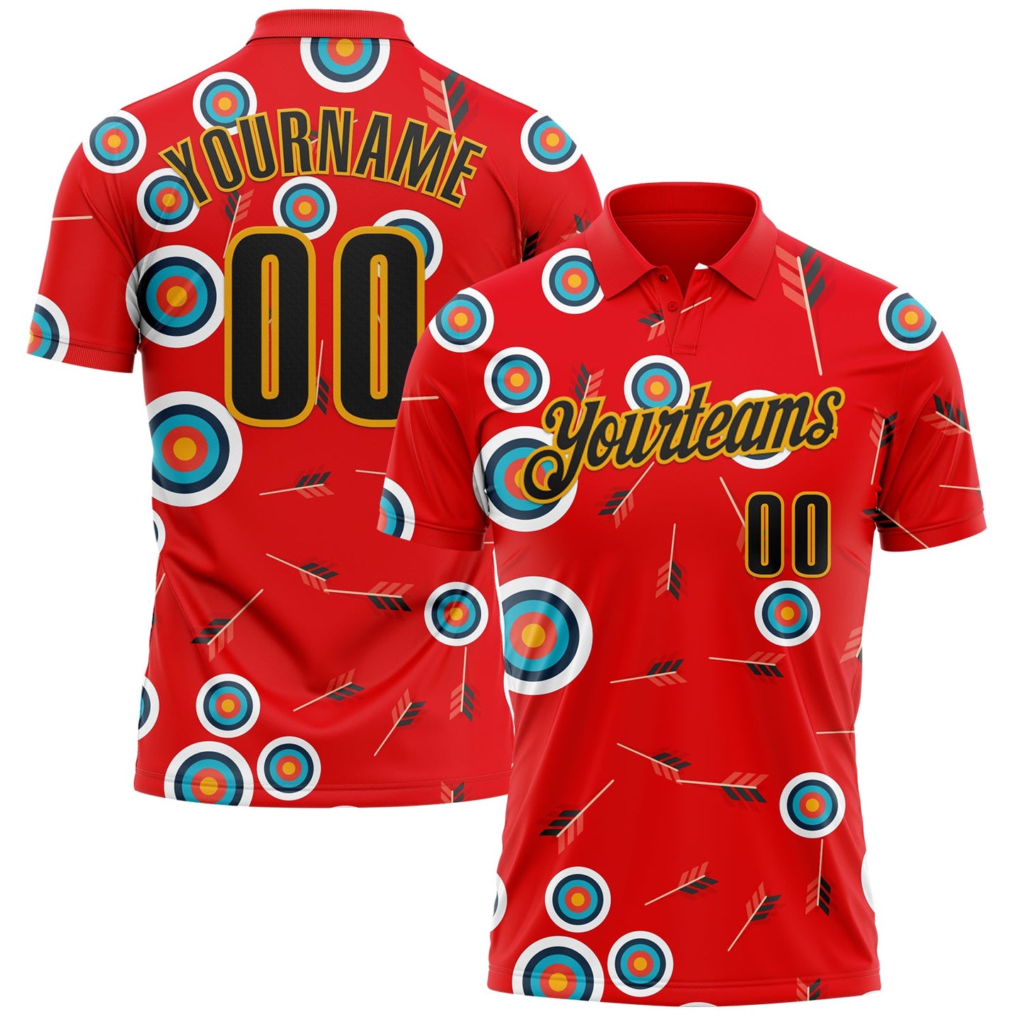 Custom Fire Red Black-Gold Archery Target Performance Polo Shirt