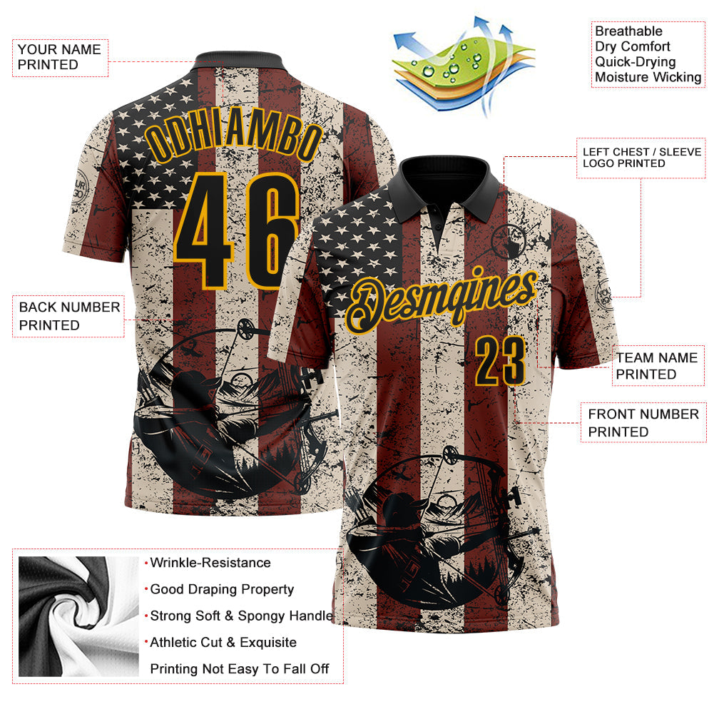 Custom Cream Black Red-Gold USA Flag Bow And Arrow Archery Performance Polo Shirt