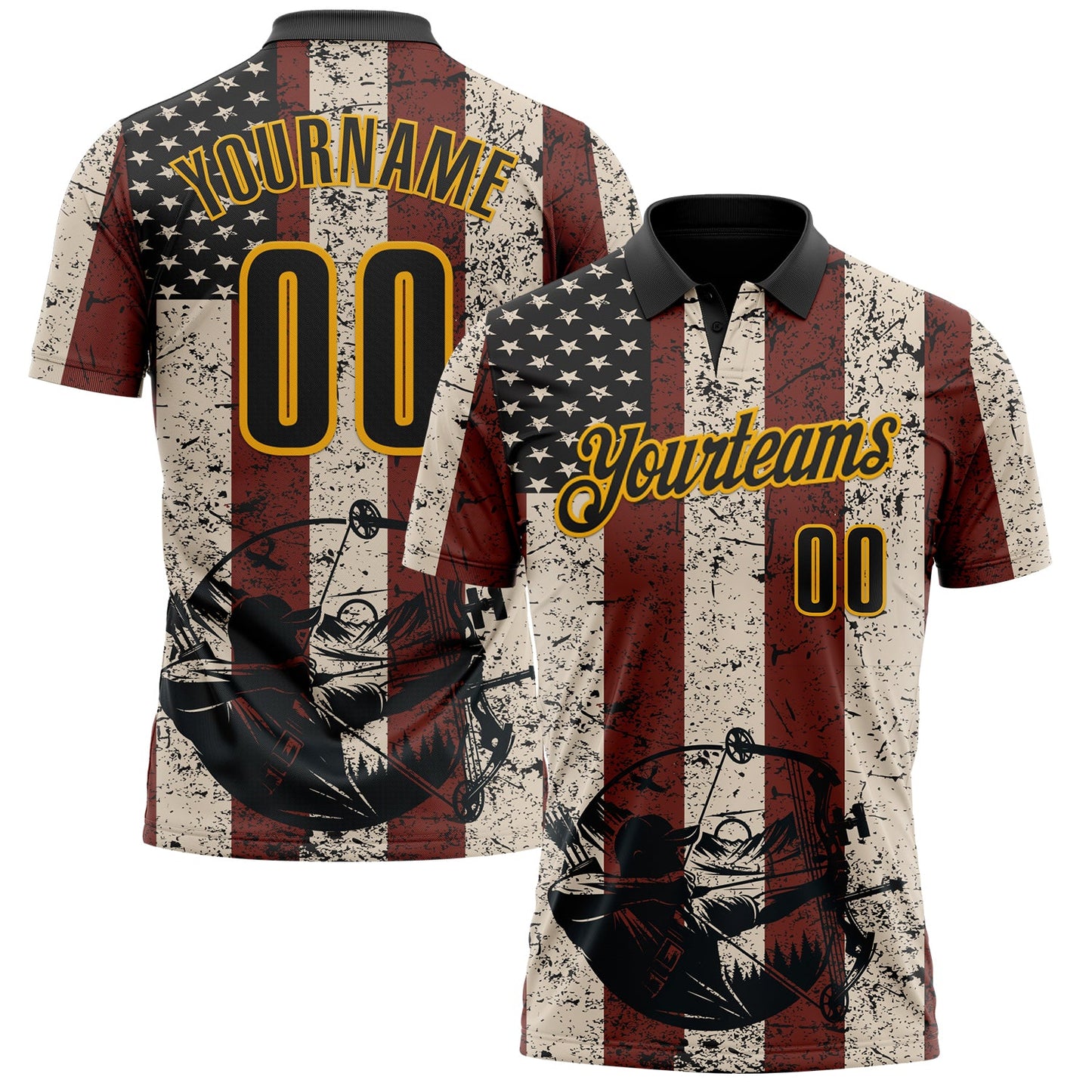 Custom Cream Black Red-Gold USA Flag Bow And Arrow Archery Performance Polo Shirt