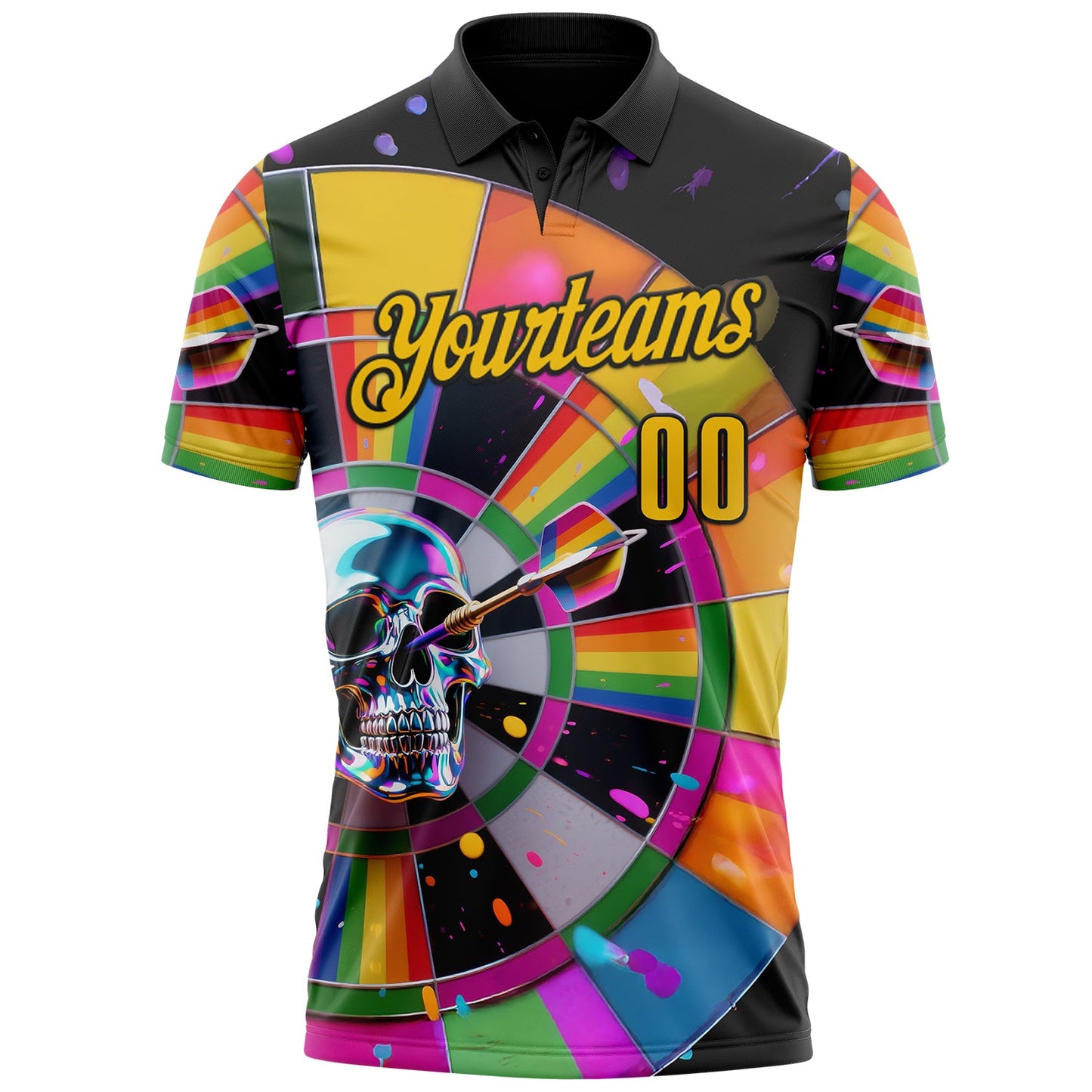 Custom Black-Yellow Darts Chromatic Splash Skull Dartboard Performance Polo Shirt
