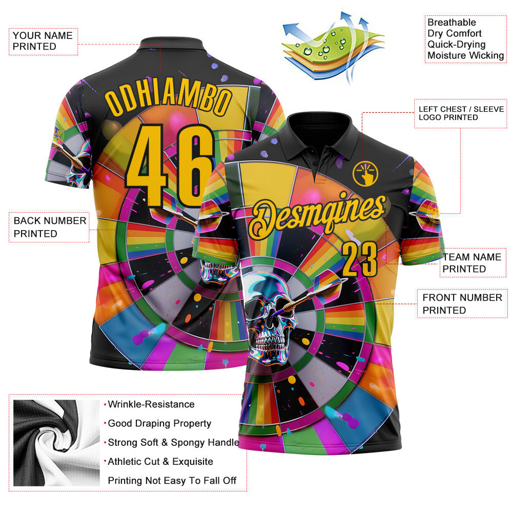 Custom Black-Yellow Darts Chromatic Splash Skull Dartboard Performance Polo Shirt