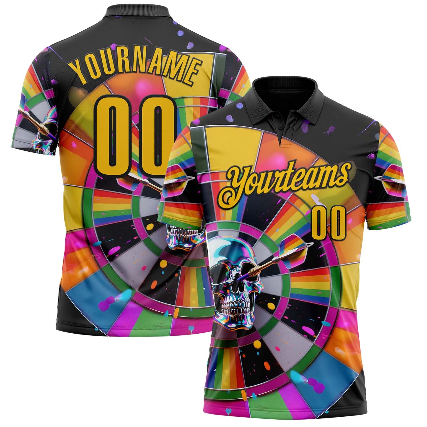 Custom Black-Yellow Darts Chromatic Splash Skull Dartboard Performance Polo Shirt