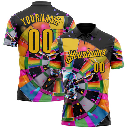 Custom Black-Yellow Darts Chromatic Splash Skull Dartboard Performance Polo Shirt