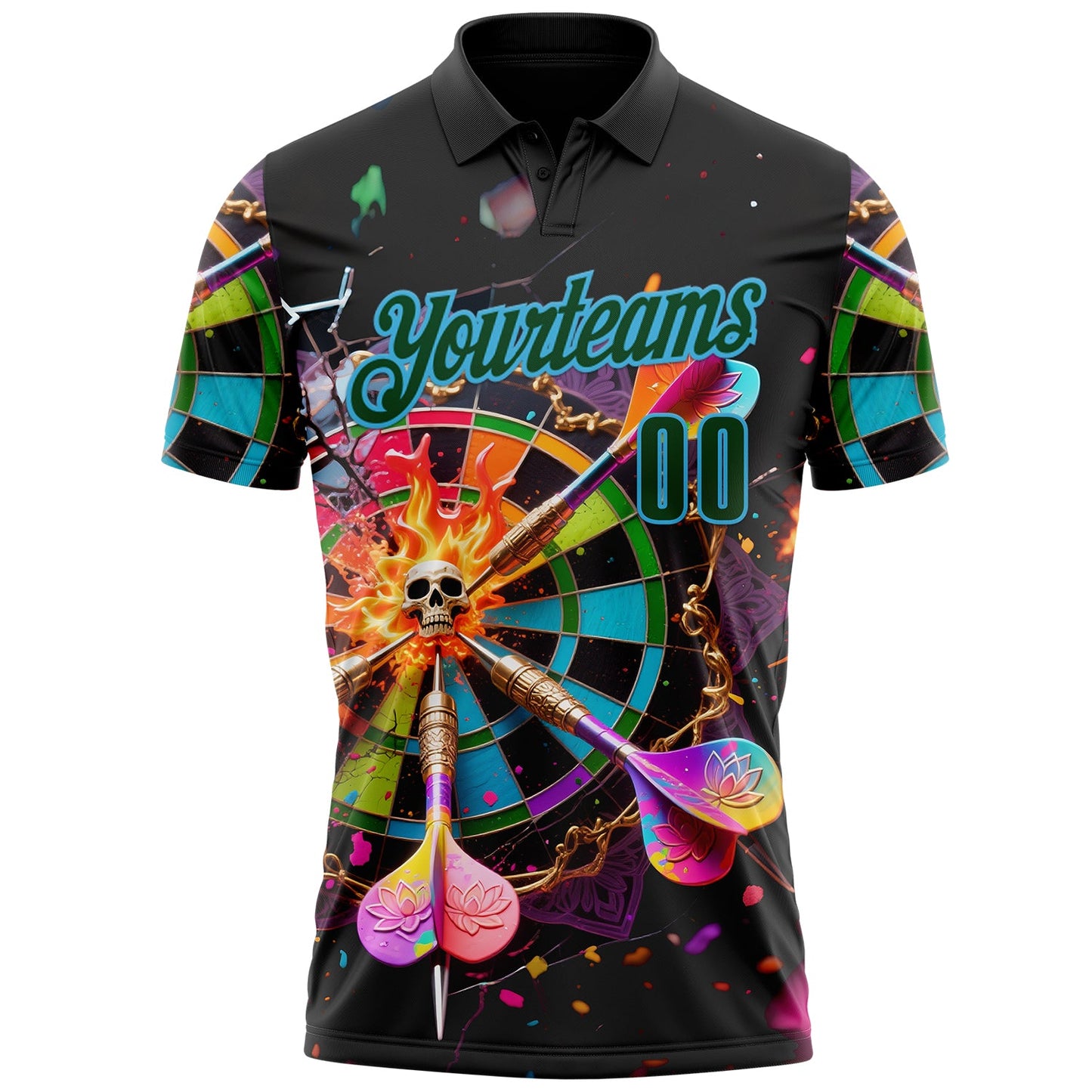 Custom Black Green-Sky Blue Darts Chromatic Skull Dartboard Performance Polo Shirt