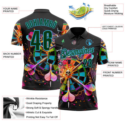 Custom Black Green-Sky Blue Darts Chromatic Skull Dartboard Performance Polo Shirt