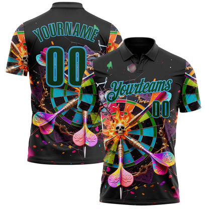 Custom Black Green-Sky Blue Darts Chromatic Skull Dartboard Performance Polo Shirt