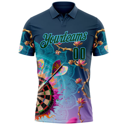 Custom Blue Green-Sky Blue Darts Flora Lotus Dartboard Splash Performance Polo Shirt