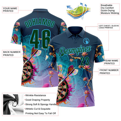 Custom Blue Green-Sky Blue Darts Flora Lotus Dartboard Splash Performance Polo Shirt