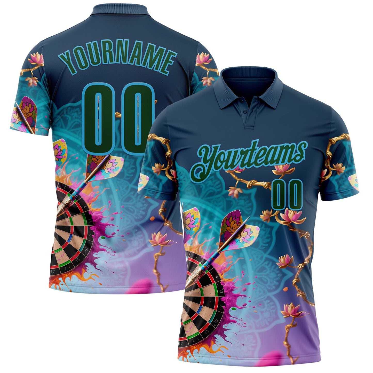 Custom Blue Green-Sky Blue Darts Flora Lotus Dartboard Splash Performance Polo Shirt