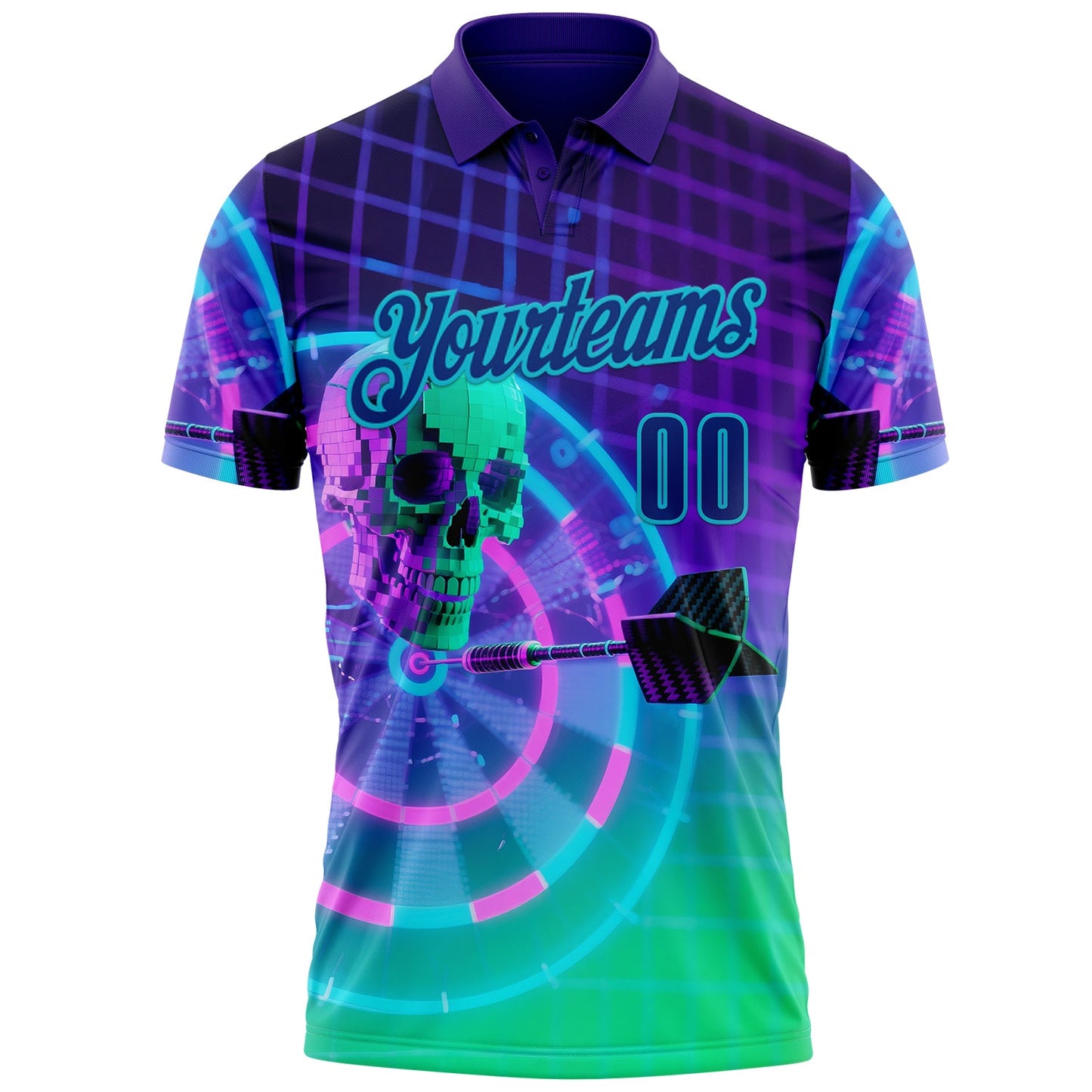 Custom Purple Royal Green-Lakes Blue Darts Cyberpunk Skull Dartboard Performance Polo Shirt