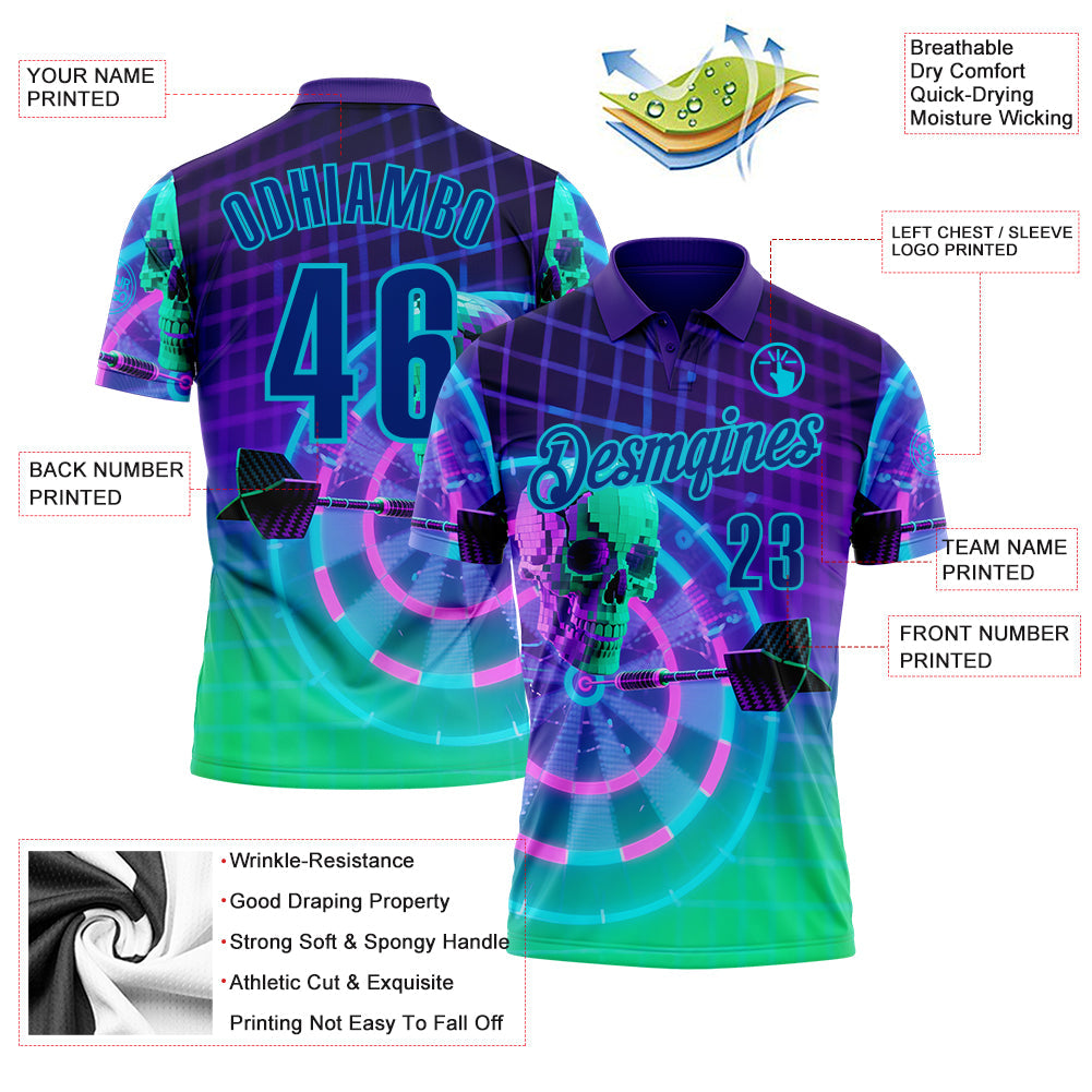 Custom Purple Royal Green-Lakes Blue Darts Cyberpunk Skull Dartboard Performance Polo Shirt