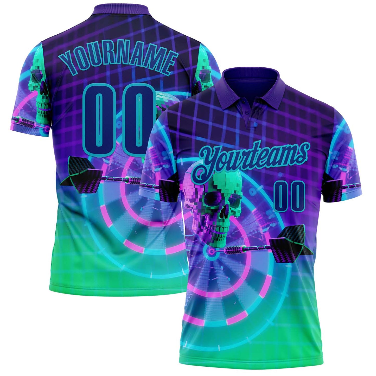 Custom Purple Royal Green-Lakes Blue Darts Cyberpunk Skull Dartboard Performance Polo Shirt
