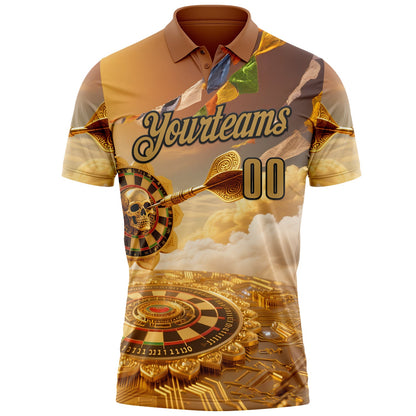 Custom Yellow Old Gold-Black Darts Lotus Skull Dartboard Performance Polo Shirt