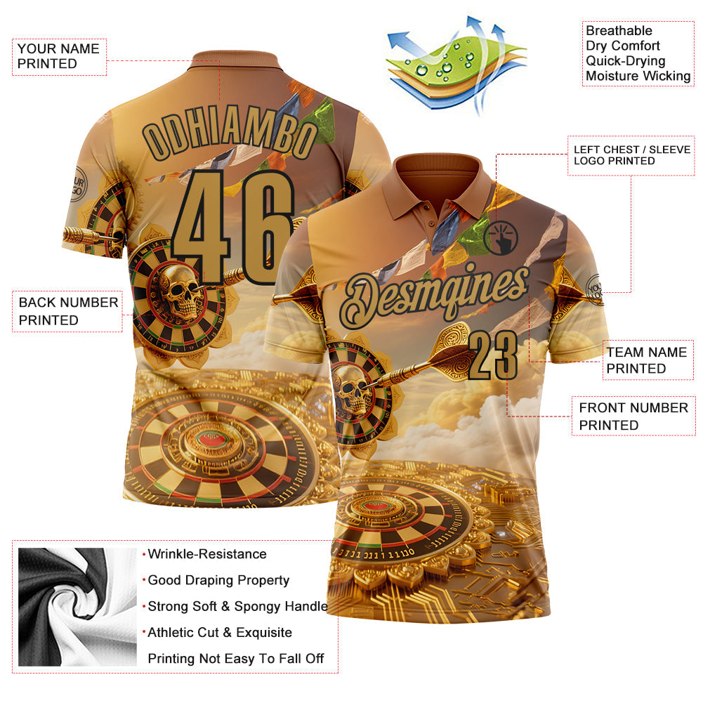 Custom Yellow Old Gold-Black Darts Lotus Skull Dartboard Performance Polo Shirt