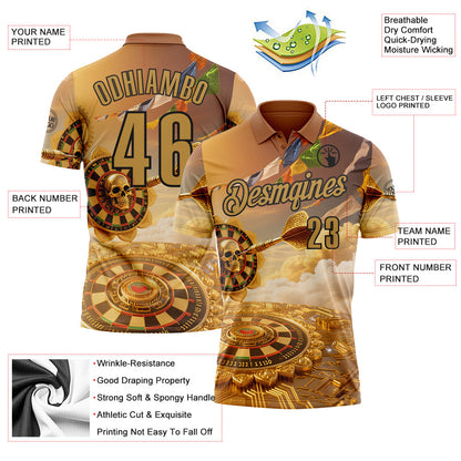 Custom Yellow Old Gold-Black Darts Lotus Skull Dartboard Performance Polo Shirt