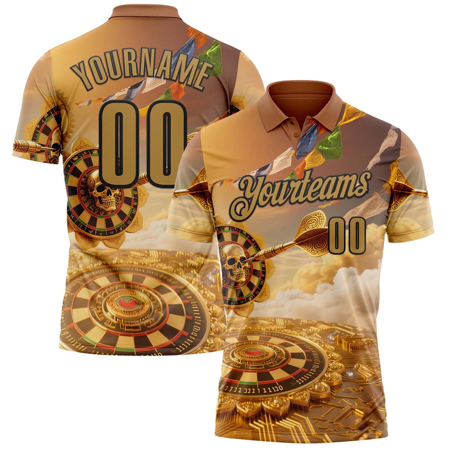 Custom Yellow Old Gold-Black Darts Lotus Skull Dartboard Performance Polo Shirt